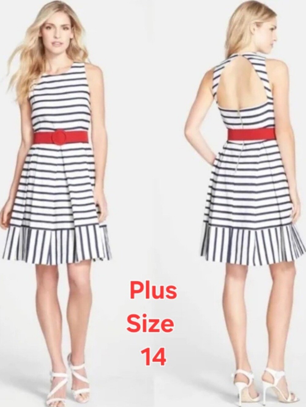Striped Sleeveless Fit-and-Flare Mini Dress with Red Belt